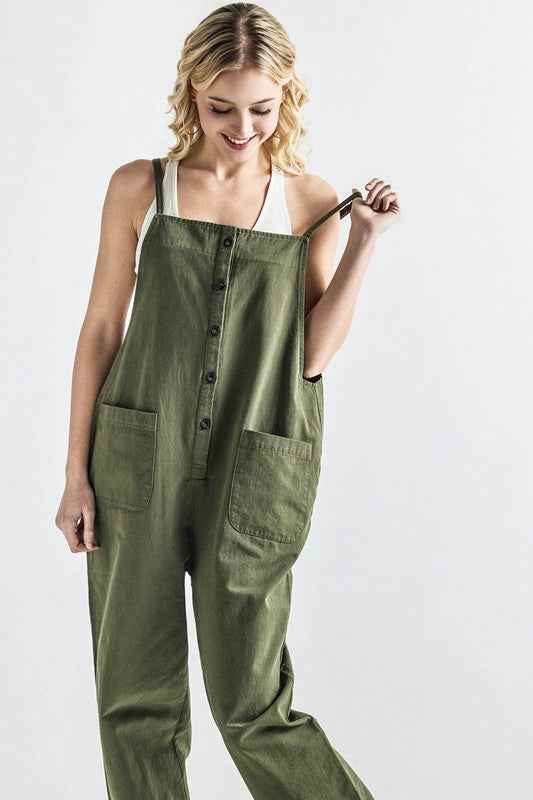 Plus Button Down Sleeveless Overall Jumpsuit