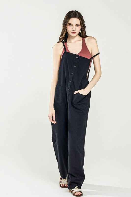 Plus Button Down Sleeveless Overall Jumpsuit