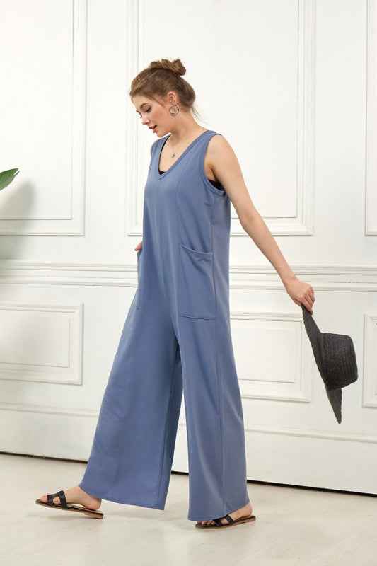 Oversized Patched Pocket V-Neck Jumpsuit