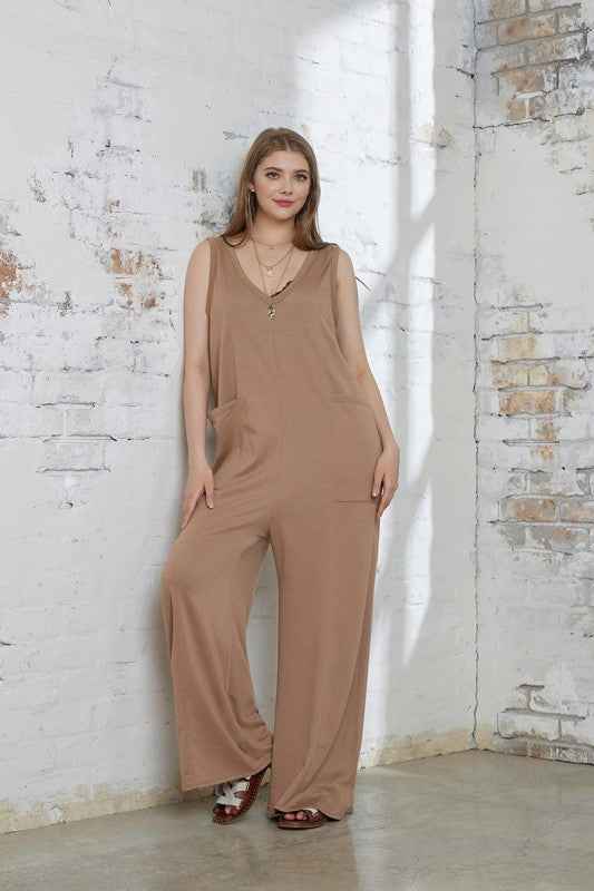 Oversized Patched Pocket V-Neck Jumpsuit