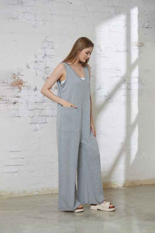 Oversized Patched Pocket V-Neck Jumpsuit