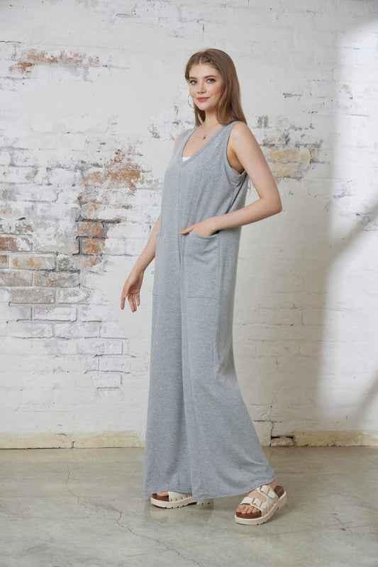 Oversized Patched Pocket V-Neck Jumpsuit