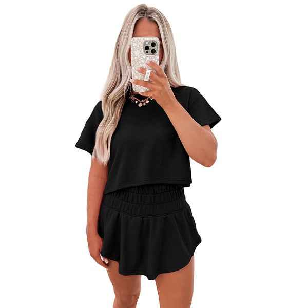 2pcs Cropped Tee and Ruffle High Waist Skort Set
