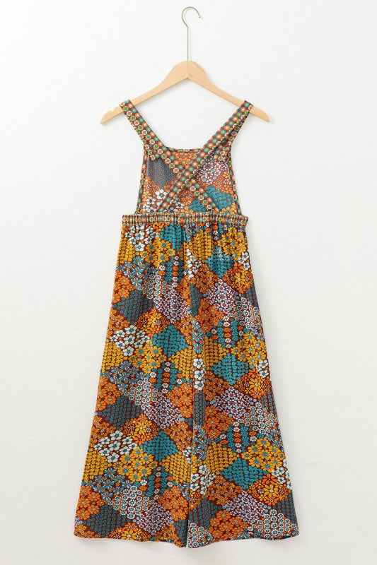 Floral Print Crossed Straps Ankle-length Jumpsuit