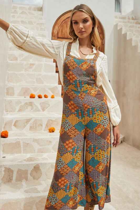 Floral Print Crossed Straps Ankle-length Jumpsuit