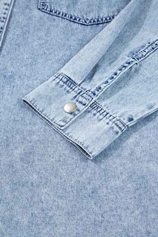 Solid Denim Chest Pocket Raw Hem Shirt Dress