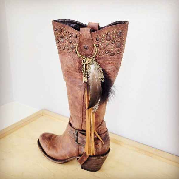 Boho Western Boot Bling Charm Feather & Tree