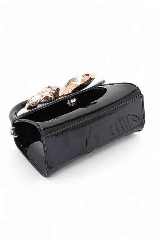 Metal Bow Top Handle Patent Faux Leather Bag
