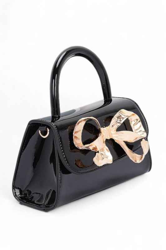 Metal Bow Top Handle Patent Faux Leather Bag
