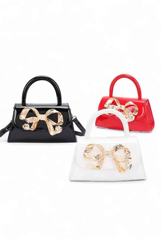 Metal Bow Top Handle Patent Faux Leather Bag