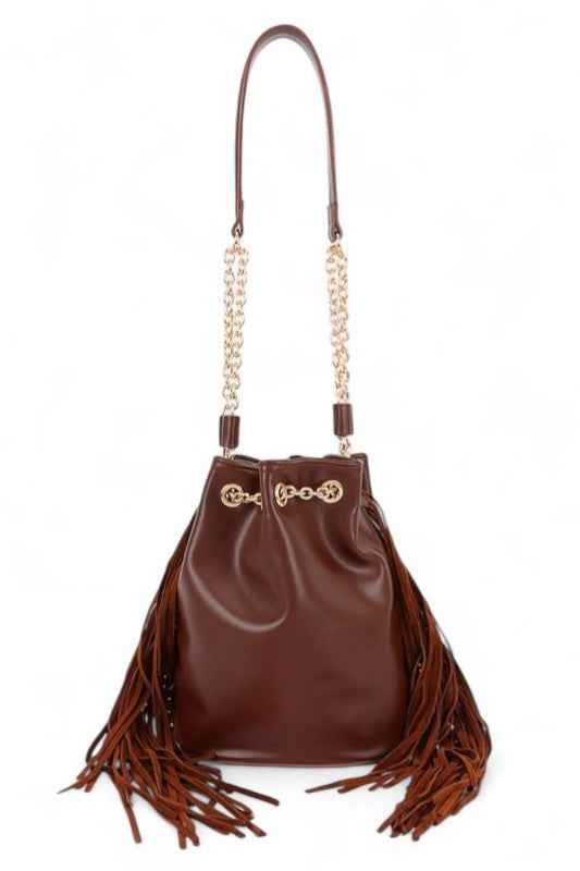 Fringed Accent Boho Bucket Bag
