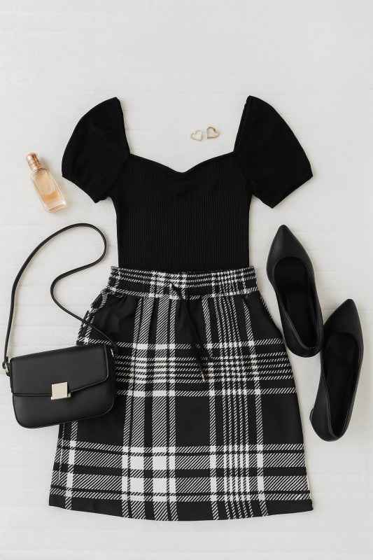 The Amelia - Black And White Plaid Jogger Skirt