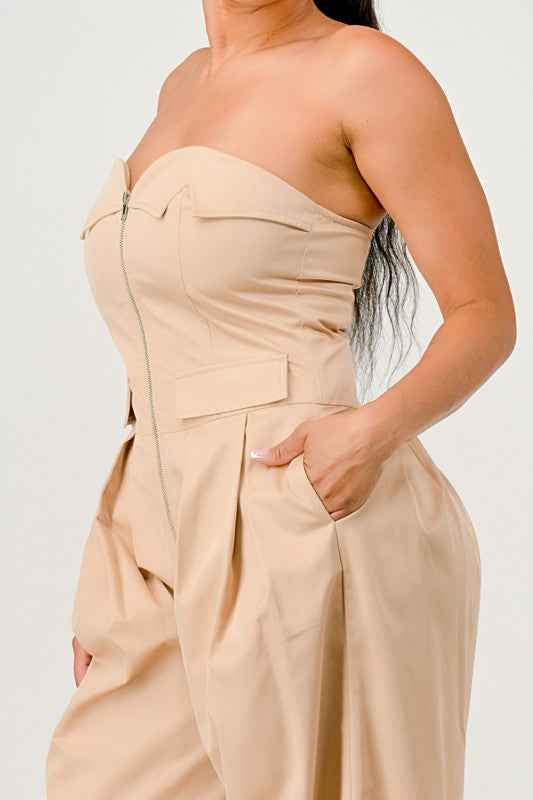 Beige Strapless Wide-Leg Jumpsuit
