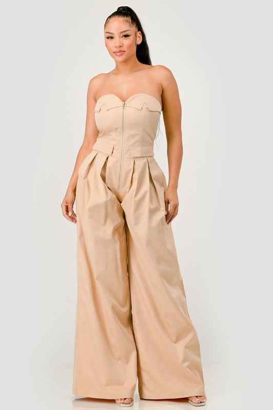 Beige Strapless Wide-Leg Jumpsuit