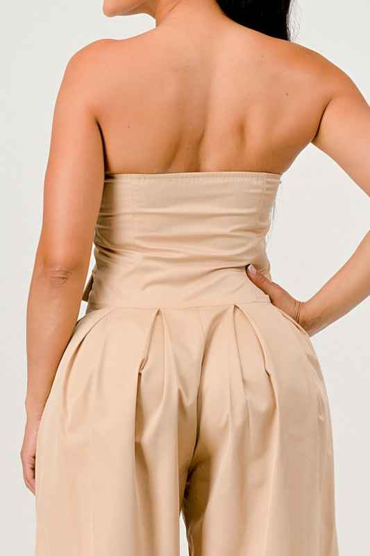 Beige Strapless Wide-Leg Jumpsuit