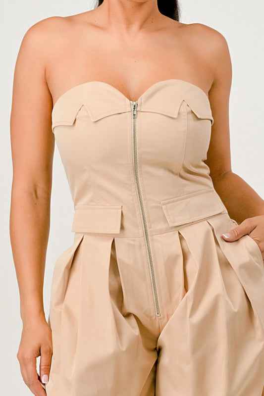 Beige Strapless Wide-Leg Jumpsuit