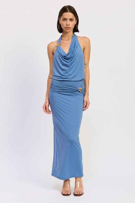 MAXI RUCHED KNITSKIRT WITH GOLD TRIM