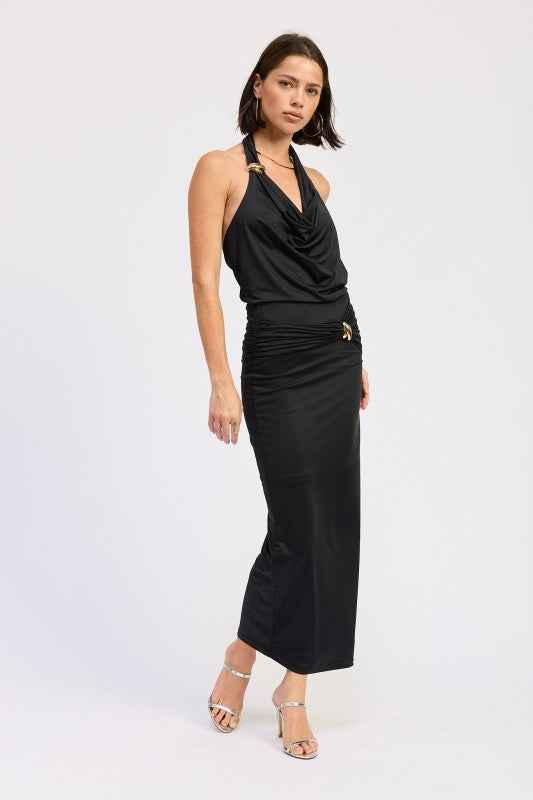 MAXI RUCHED KNITSKIRT WITH GOLD TRIM