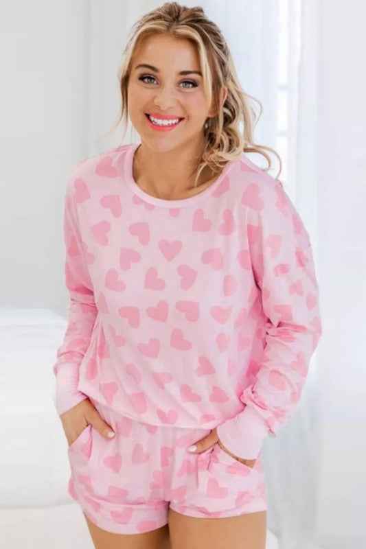 Heart Print Long Sleeve Top Shorts Lounge Set