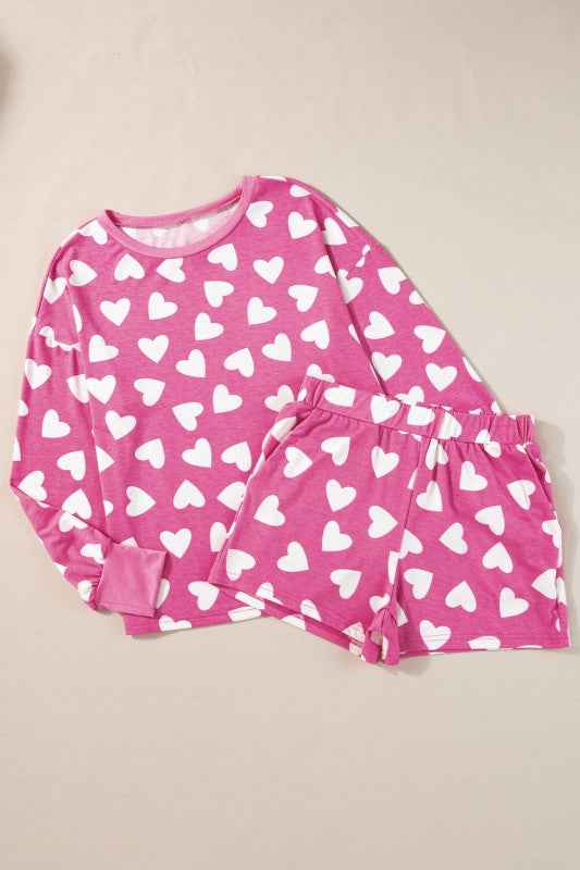 Heart Print Long Sleeve Top Shorts Lounge Set
