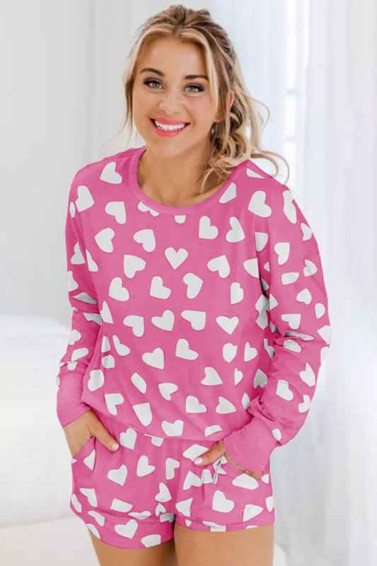 Heart Print Long Sleeve Top Shorts Lounge Set