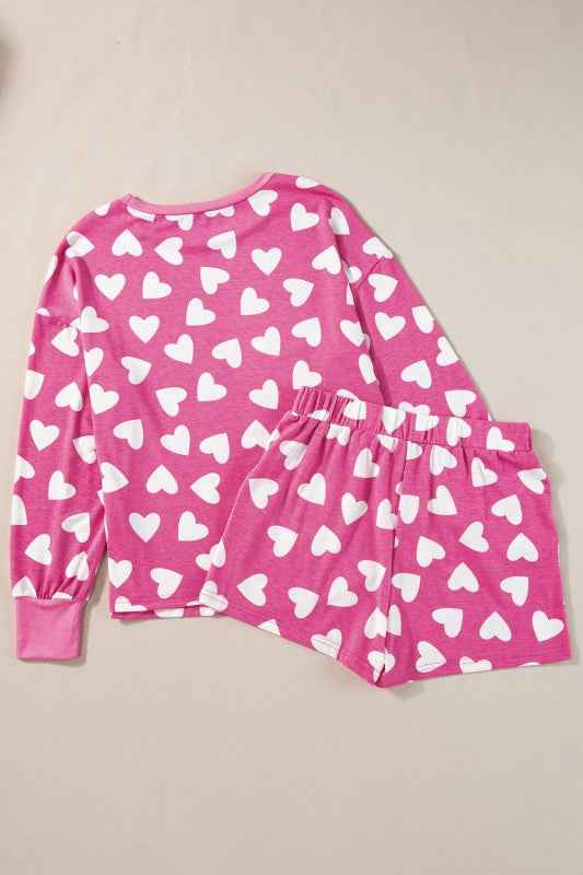 Heart Print Long Sleeve Top Shorts Lounge Set