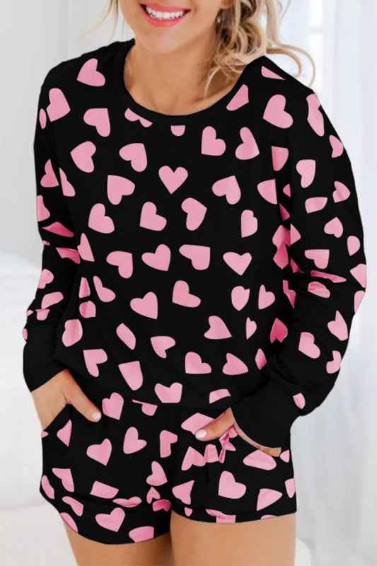 Heart Print Long Sleeve Top Shorts Lounge Set