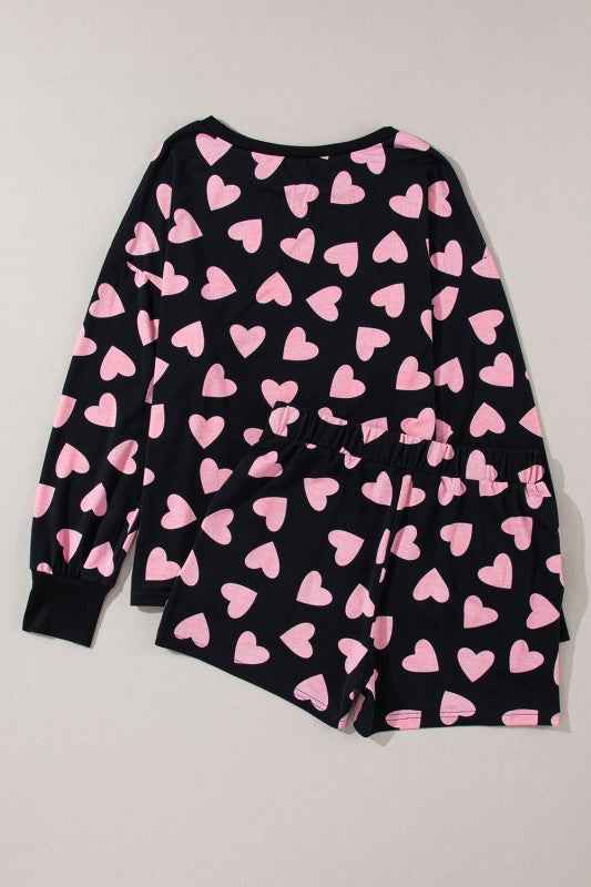 Heart Print Long Sleeve Top Shorts Lounge Set