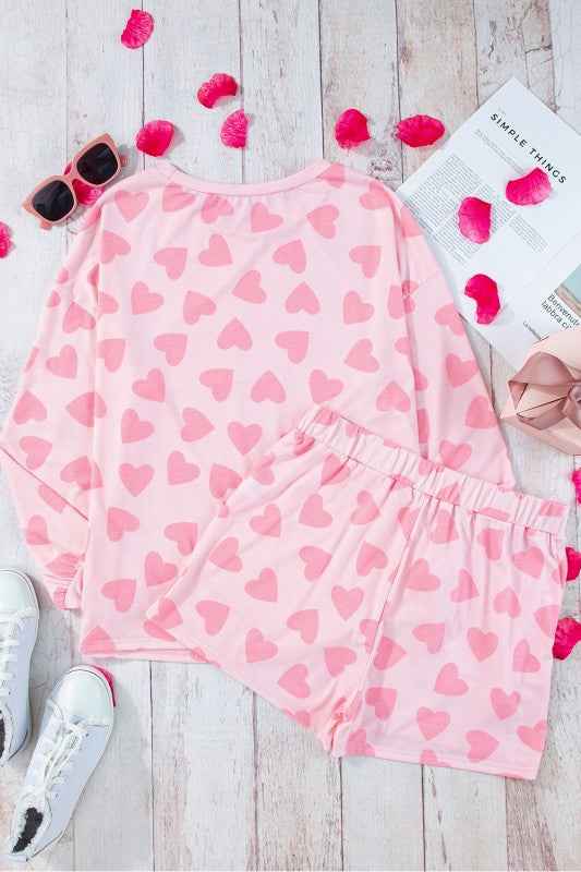 Heart Print Long Sleeve Top Shorts Lounge Set