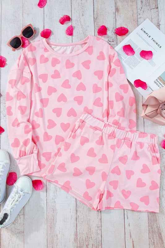 Heart Print Long Sleeve Top Shorts Lounge Set