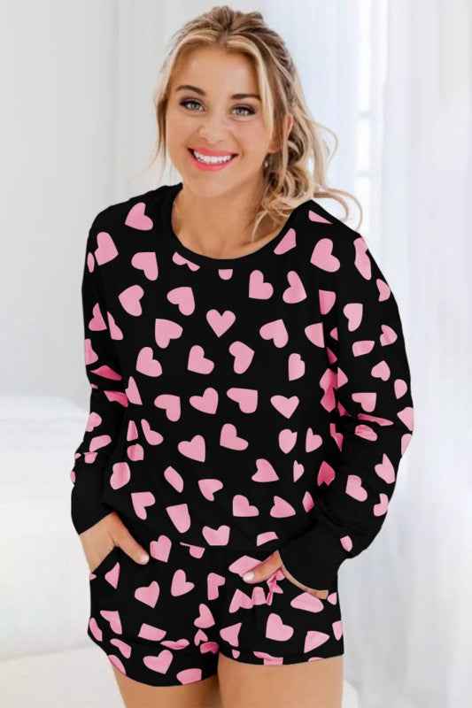 Heart Print Long Sleeve Top Shorts Lounge Set