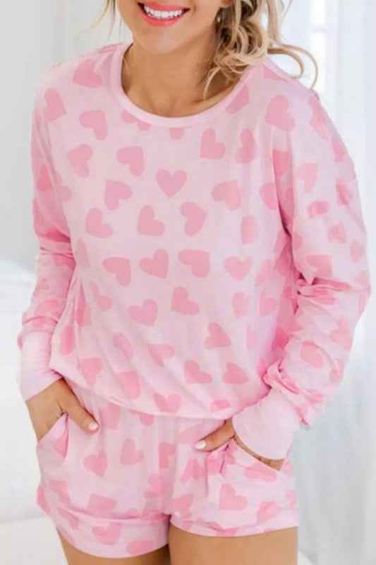 Heart Print Long Sleeve Top Shorts Lounge Set