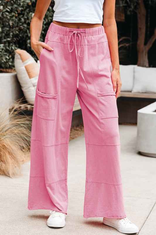 Drawstring Elastic Waistband Wide Leg Cargo Pants
