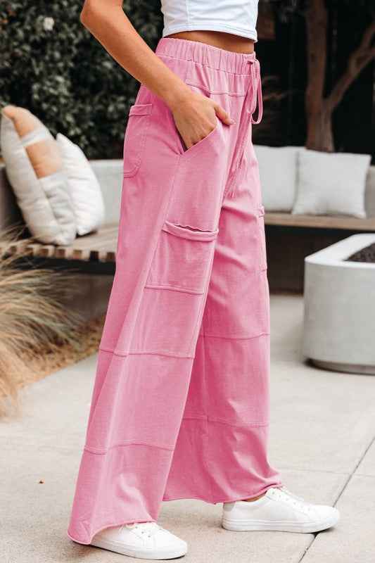 Drawstring Elastic Waistband Wide Leg Cargo Pants