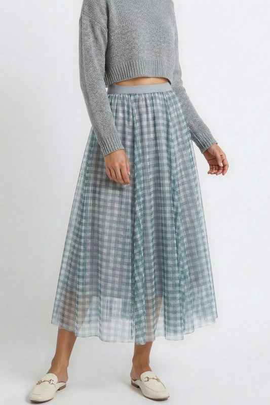 Plaid Tulle Midi Skirt