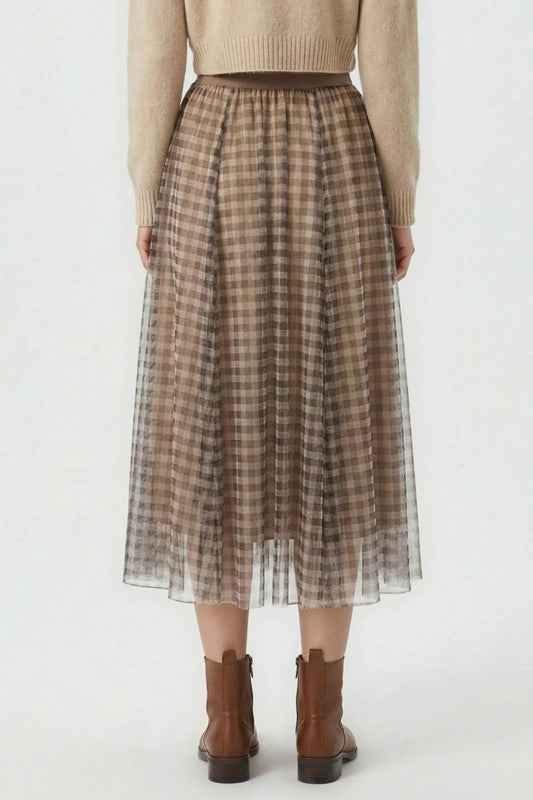 Plaid Tulle Midi Skirt