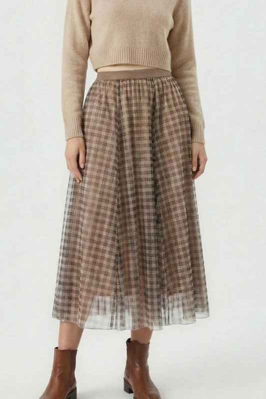 Plaid Tulle Midi Skirt