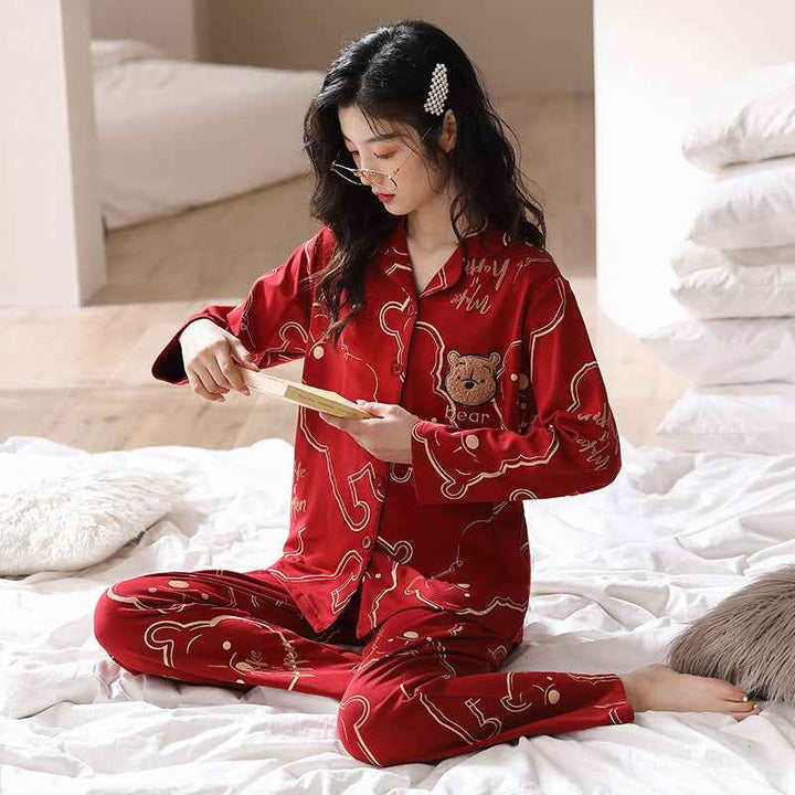 Red couple pajamas long sleeved card home clothes