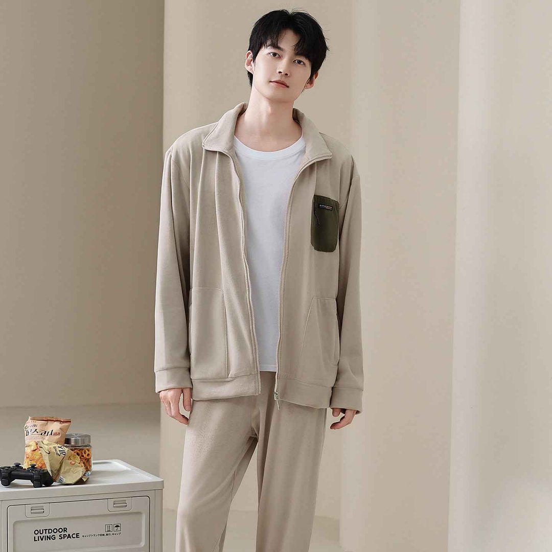 Men's thick and warm standing collar zipper home clothes in pajamas
