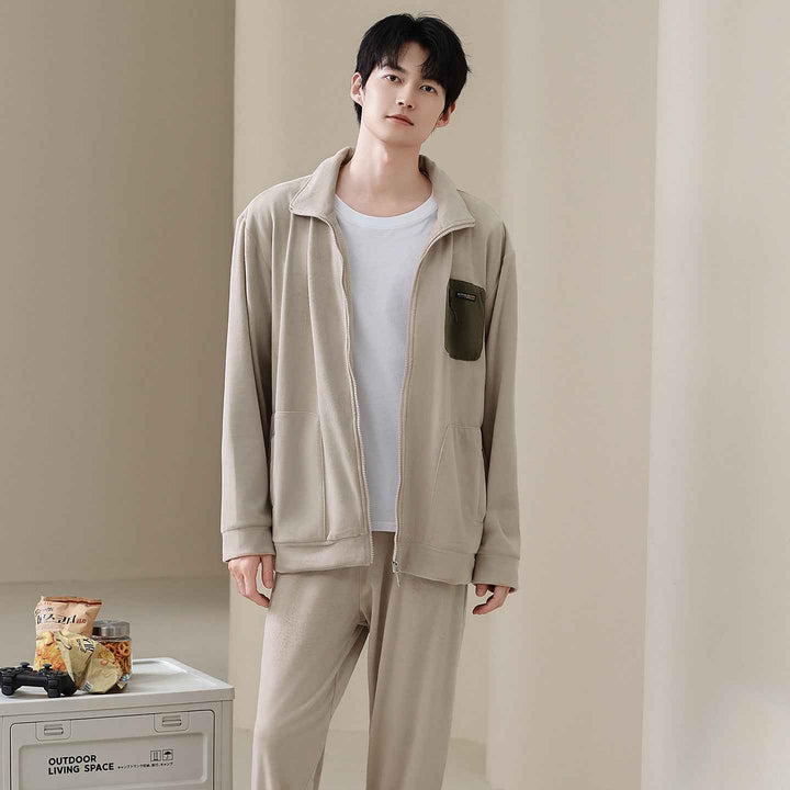 Men's thick and warm standing collar zipper home clothes in pajamas