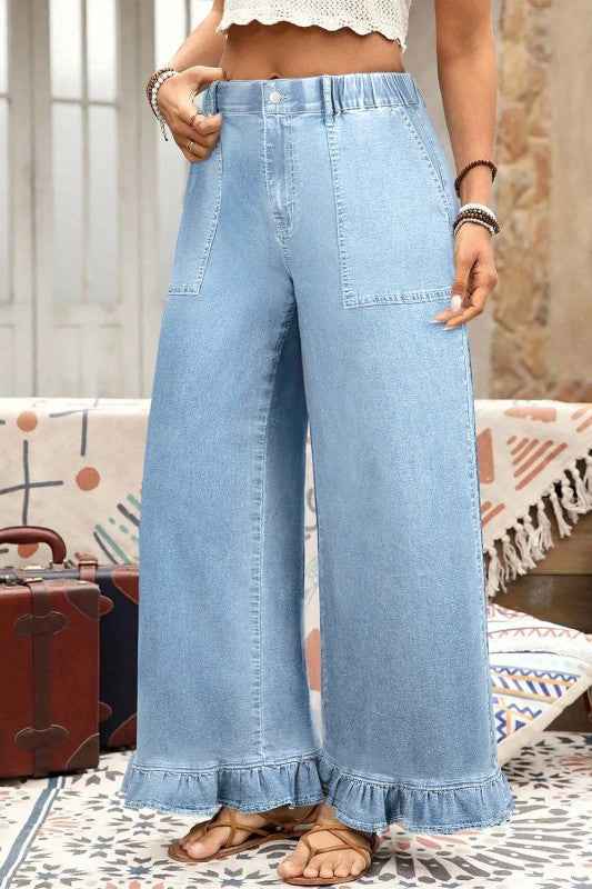 Plus Size Denim Elastic Waist Wide Leg Pants