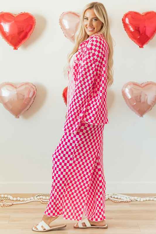 Checkered Shirt High Waist Pants Pajama Set