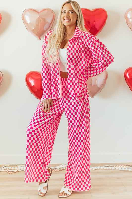 Checkered Shirt High Waist Pants Pajama Set
