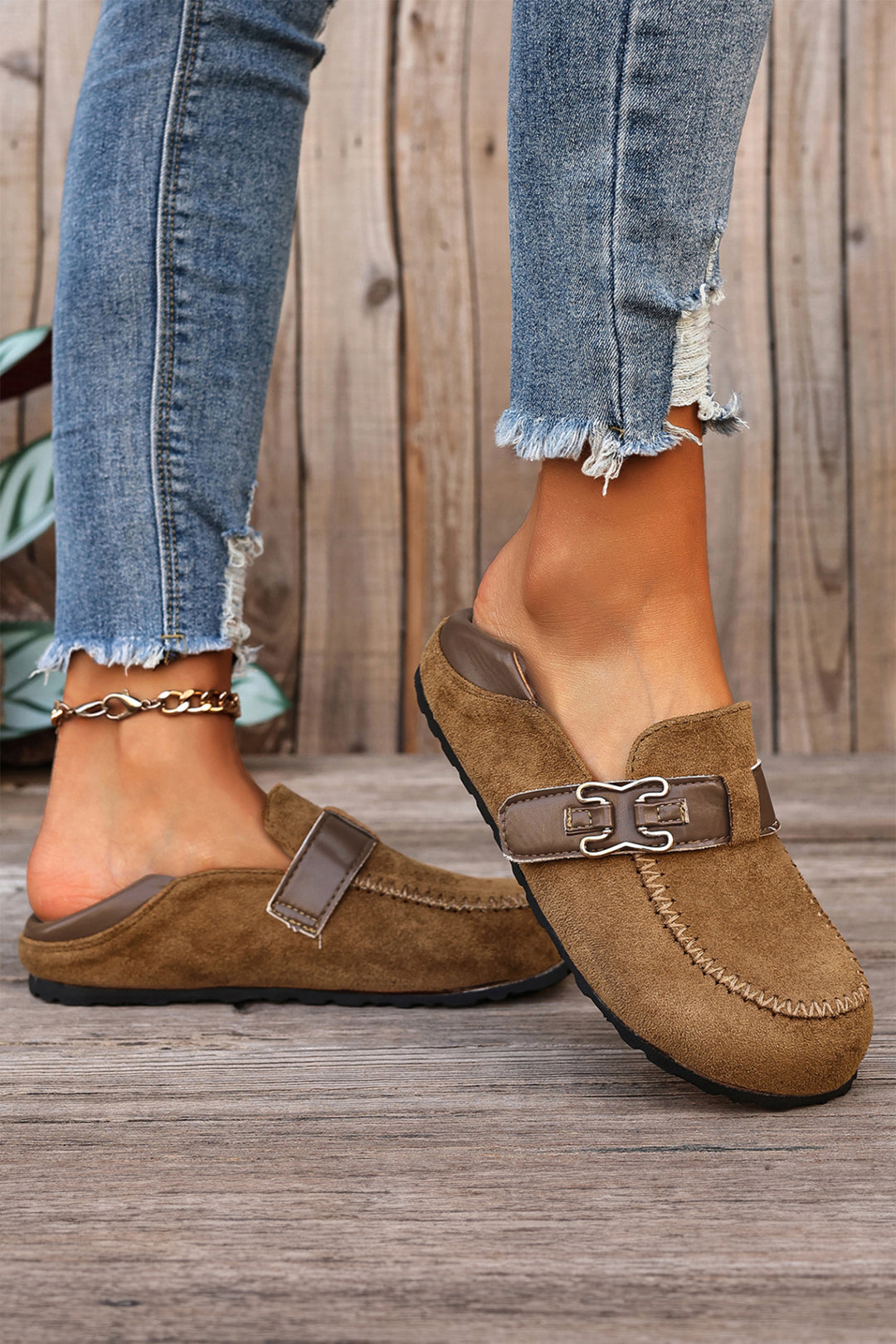 Khaki Faux Suede PU Leather Patchwork Retro Buckle Slip On Shoes Dear-Lover Dropshipping