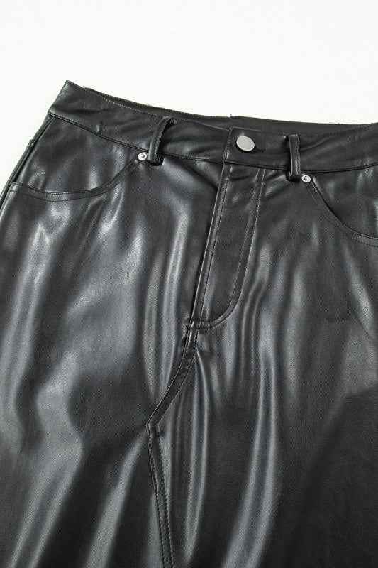 Solid Faux Leather Side Slit Maxi Skirt