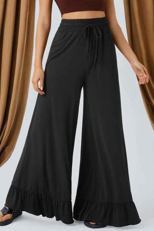 Solid Ruffle Wide Leg High Waist Pants
