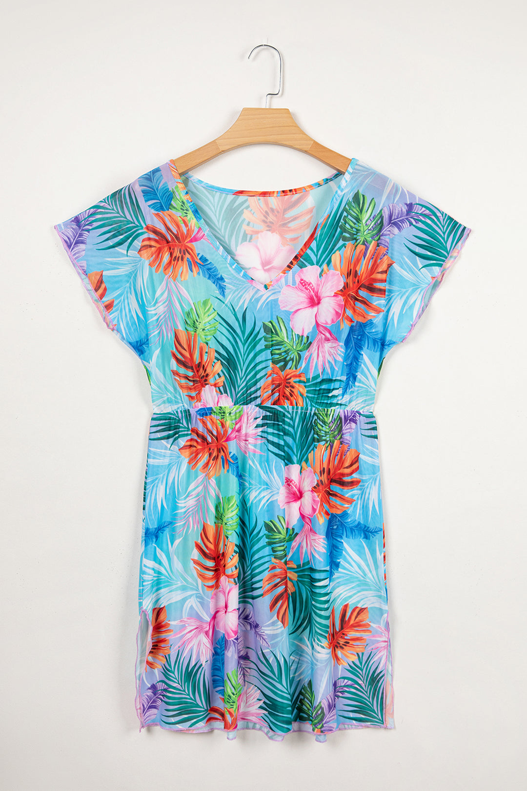 Sky Blue Tropical Print V Neck Semi Sheer Beach Cover Up Dress Dear-Lover Dropshipping