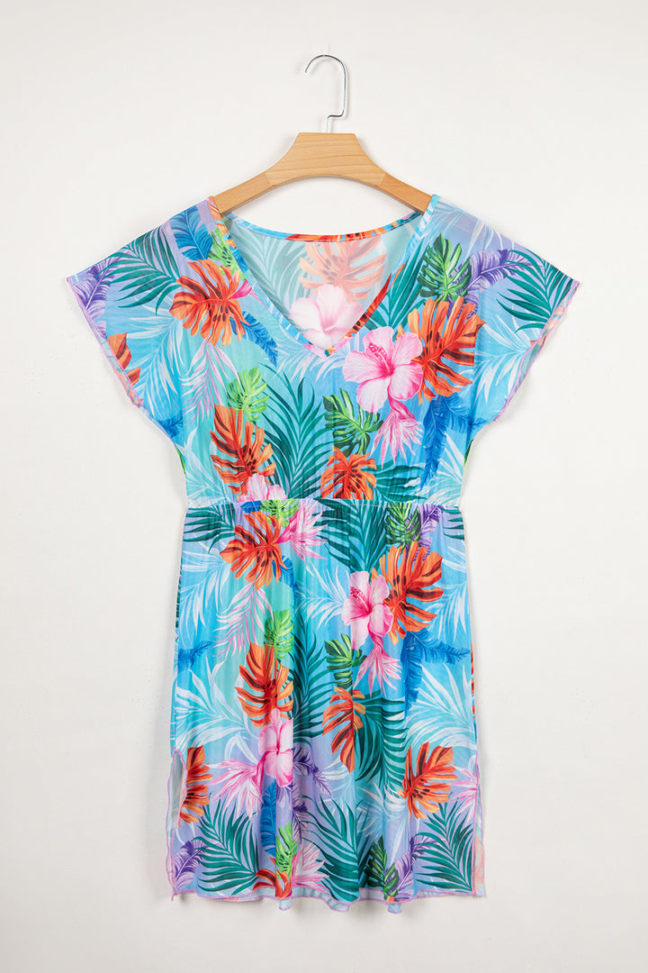 Sky Blue Tropical Print V Neck Semi Sheer Beach Cover Up Dress Dear-Lover Dropshipping
