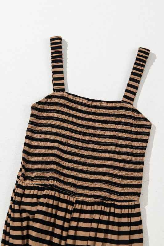 Stripe Square Neck Shirred Wide Leg Jumpsuit