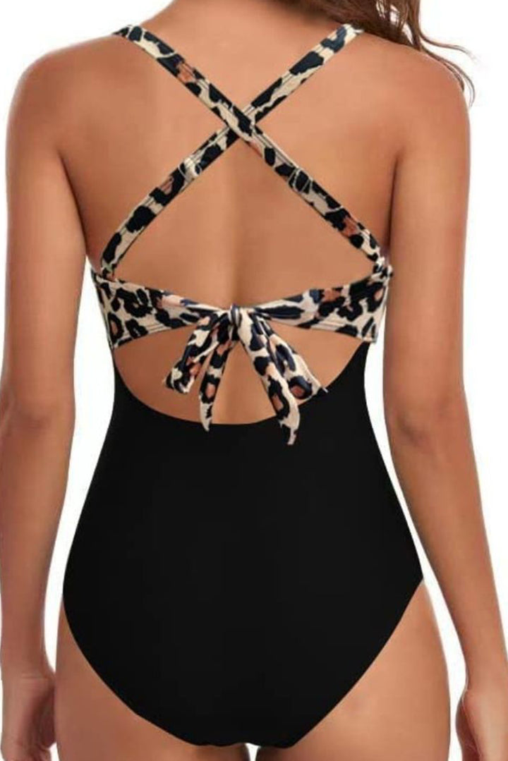 Black Leopard 2-tone Crossed Cutout Backless Monokini Dear-Lover Dropshipping